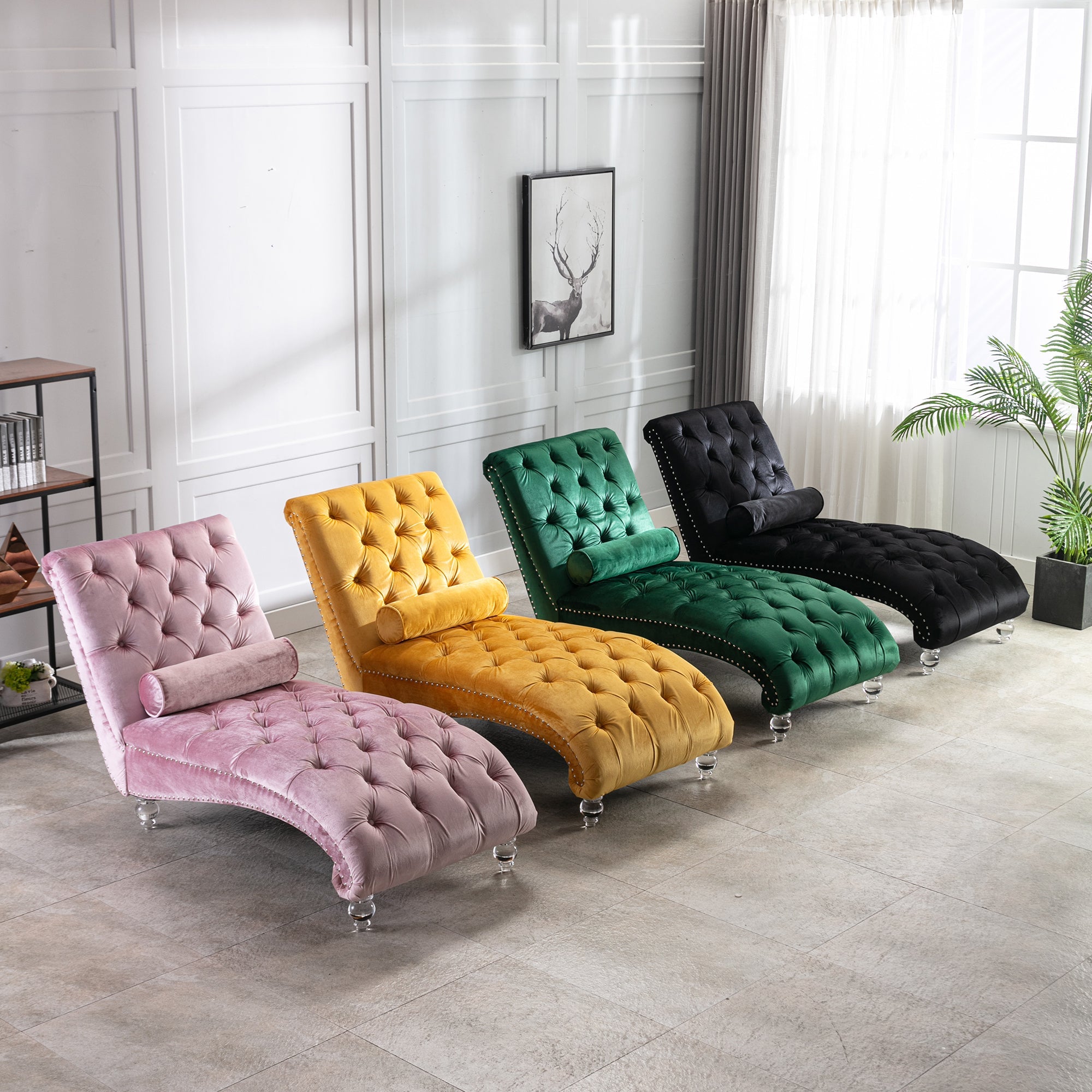 Velvet Chaise Lounge — Button-Tufted with Pillow