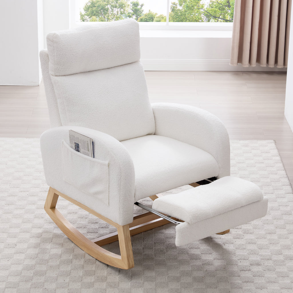 Adjustable footrest extended on white rocking chair
