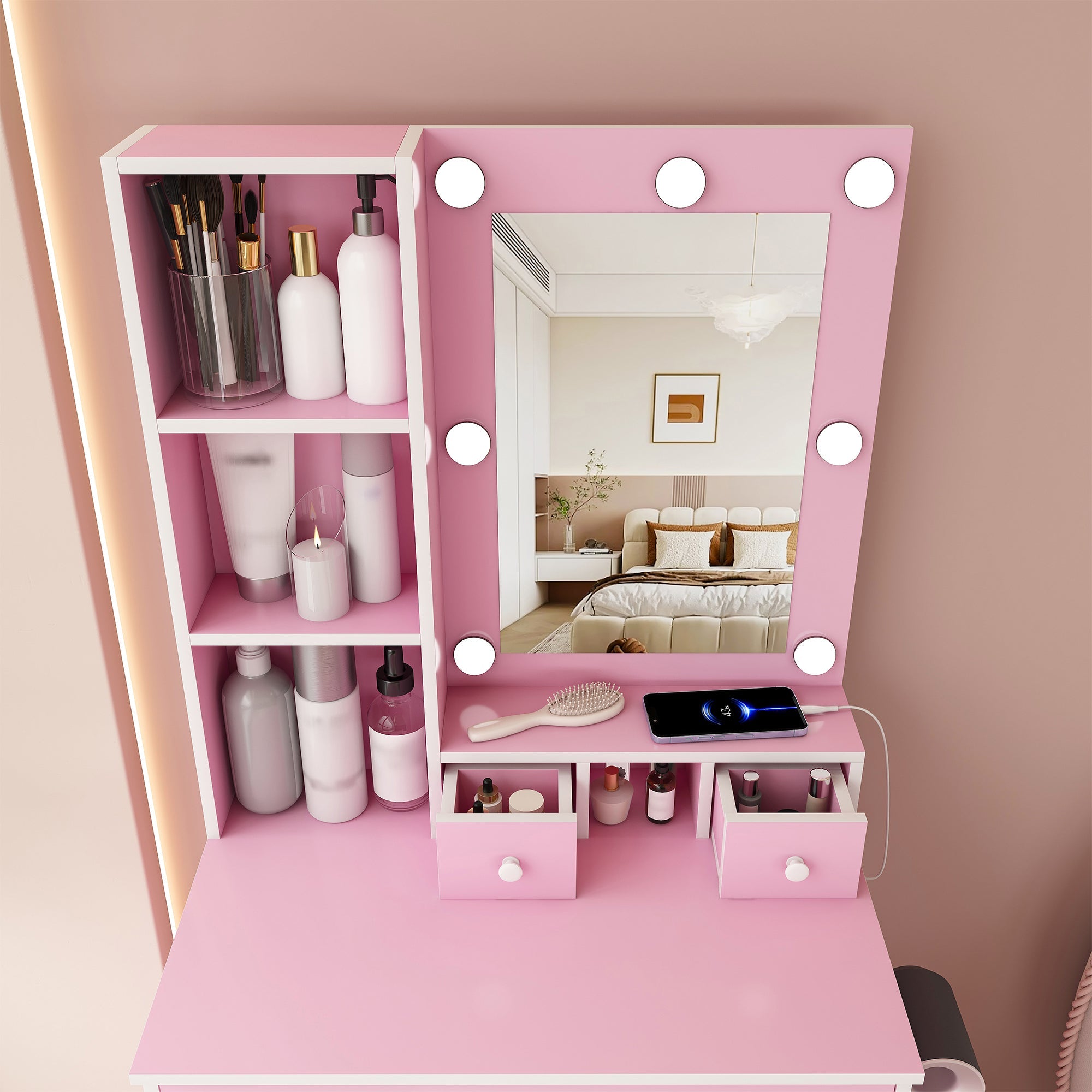Vanity Table with Mirror, Adjustable LED Lights, Power Outlet, Hairdryer Holder & Stool – Compact Dressing Desk for Small Bedrooms