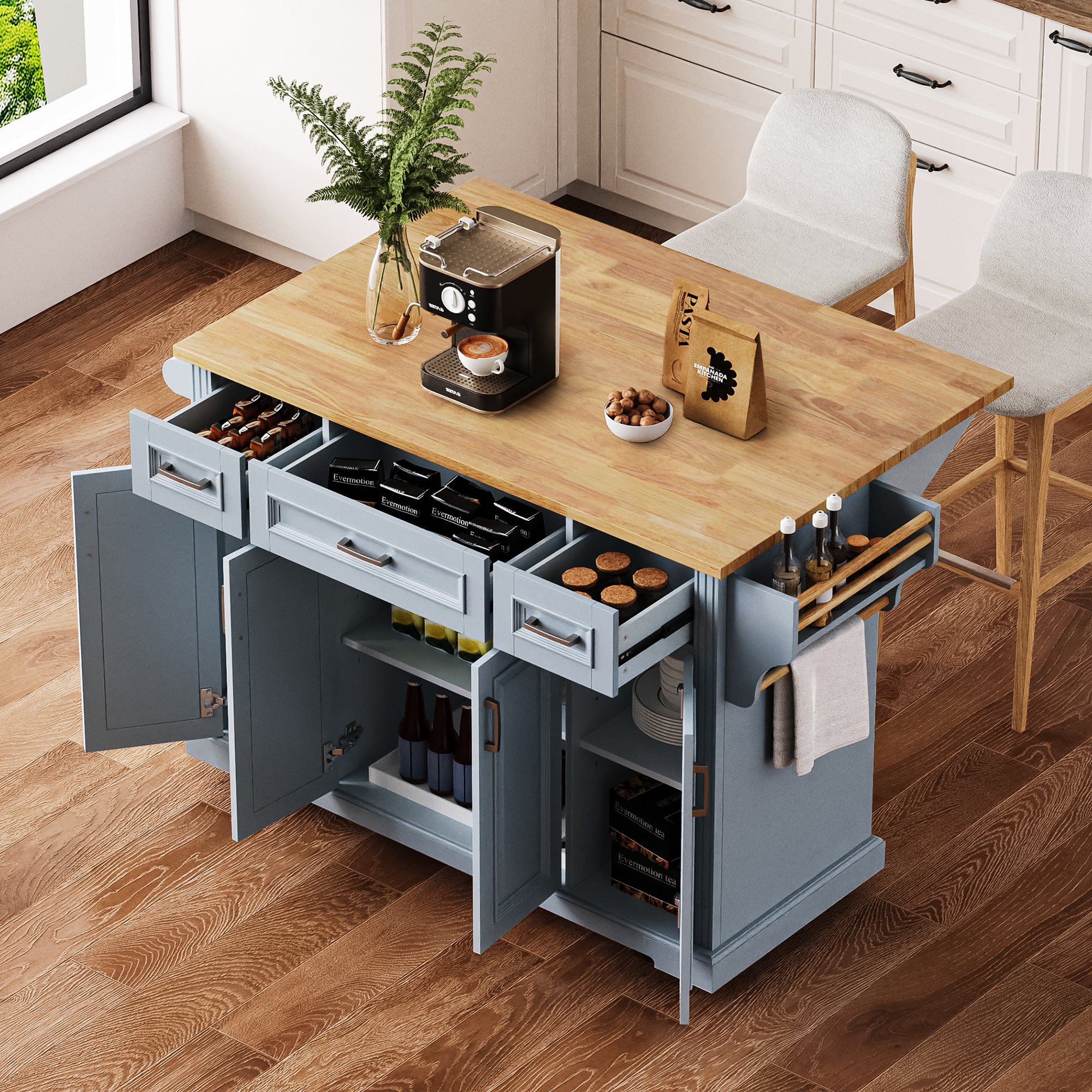 K&K 54inch Large Kitchen Island with Rubber Wood Drop Leaf, Embossed Texture Rolling Kitchen Cart on 4 Wheels with 4 Doors and 3 Drawers, Kitchen Island with Storage for Kitchen, Dining Room,Black