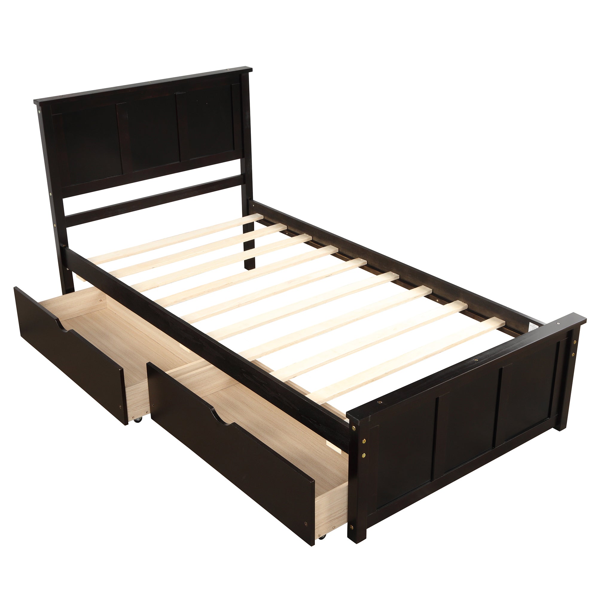 Espresso platform bed headboard area detail