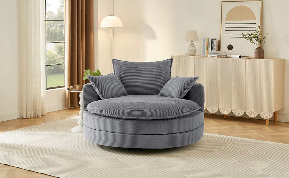 Blue Corduroy 360° Swivel Barrel Accent Chair with Dual-Layer Cushion & 3 Pillows