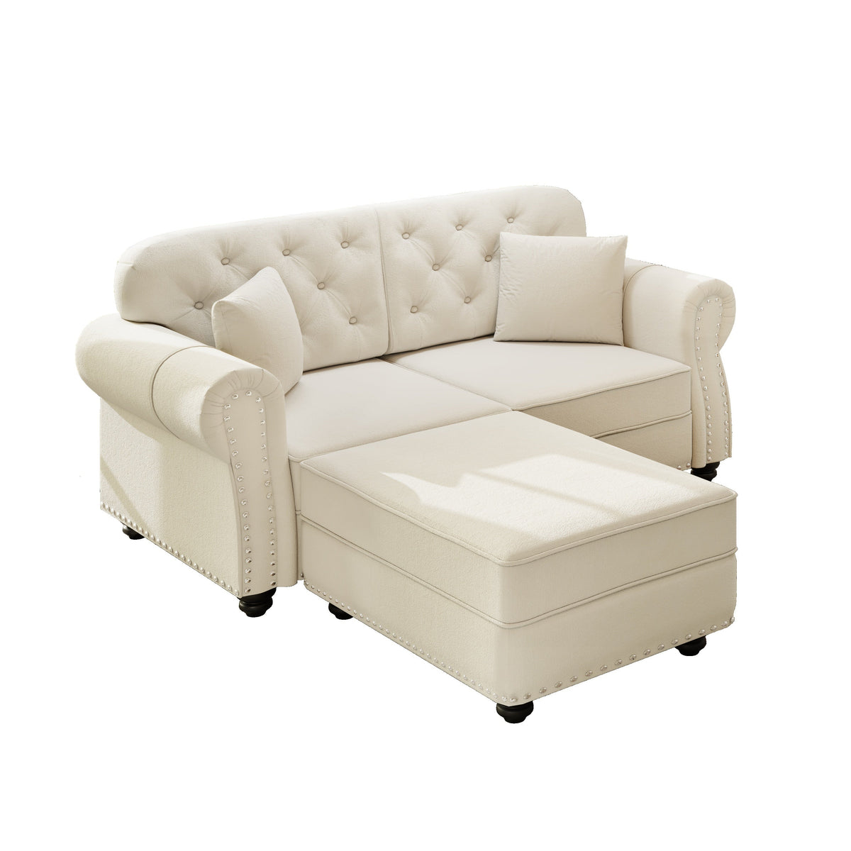 63'Upholstered Velvet Sofa with Nailhead Trim and Rolled Armrests,Mid-Century Modern Chesterfield Sofa with Button Tufted,Includes 2 Pillows,Beige/White