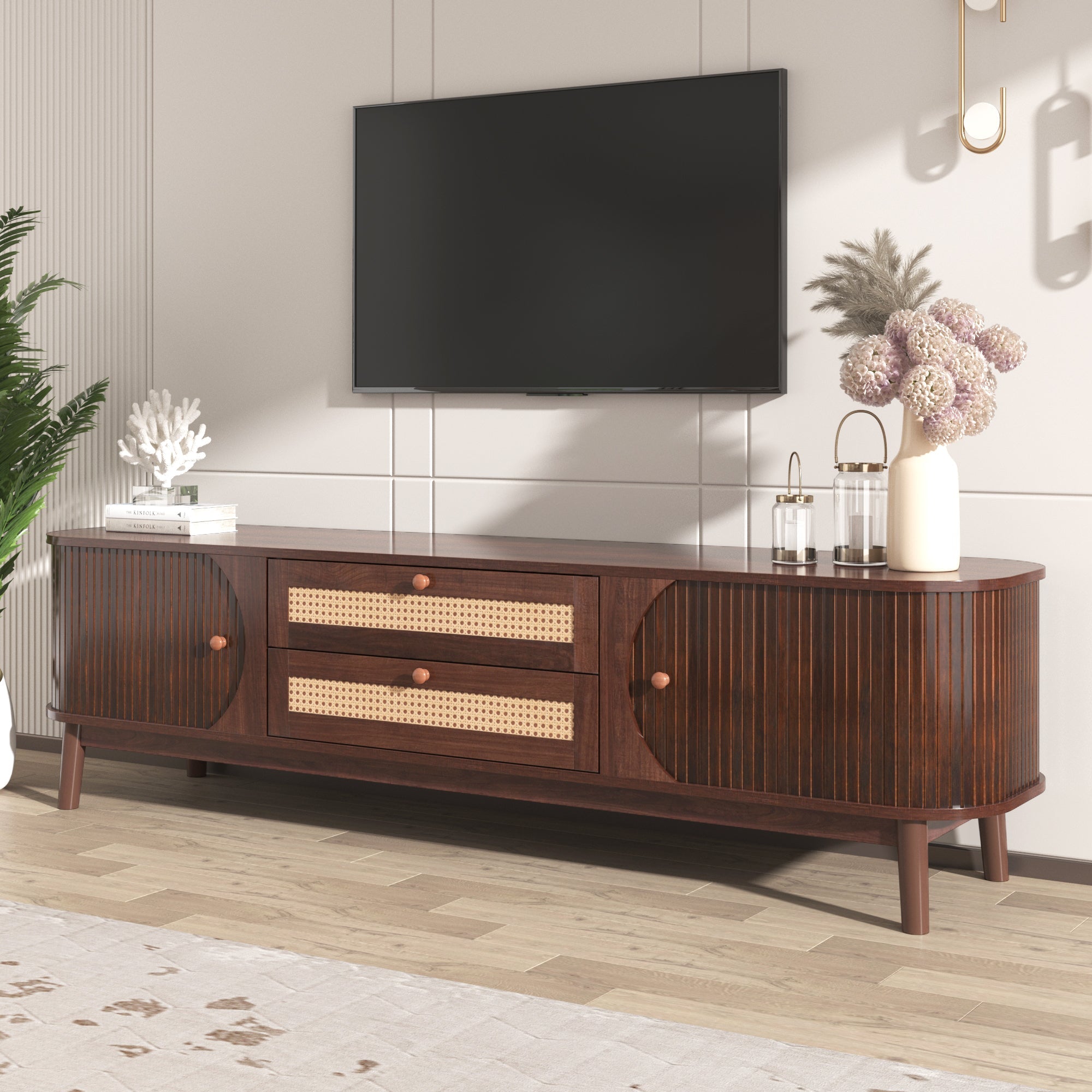 Modern Farmhouse Rattan TV Stand — for TVs Up to 75" (Natural Wood)
