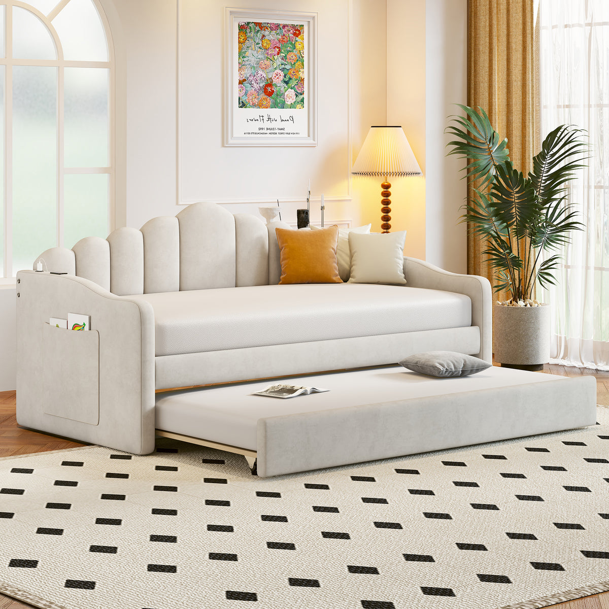 Twin size Upholstered Daybed with Trundle ,Velvet Sofabed with USB Charging Ports,No Box-spring Needed,Beige( Old SKU:HL000067AAA)