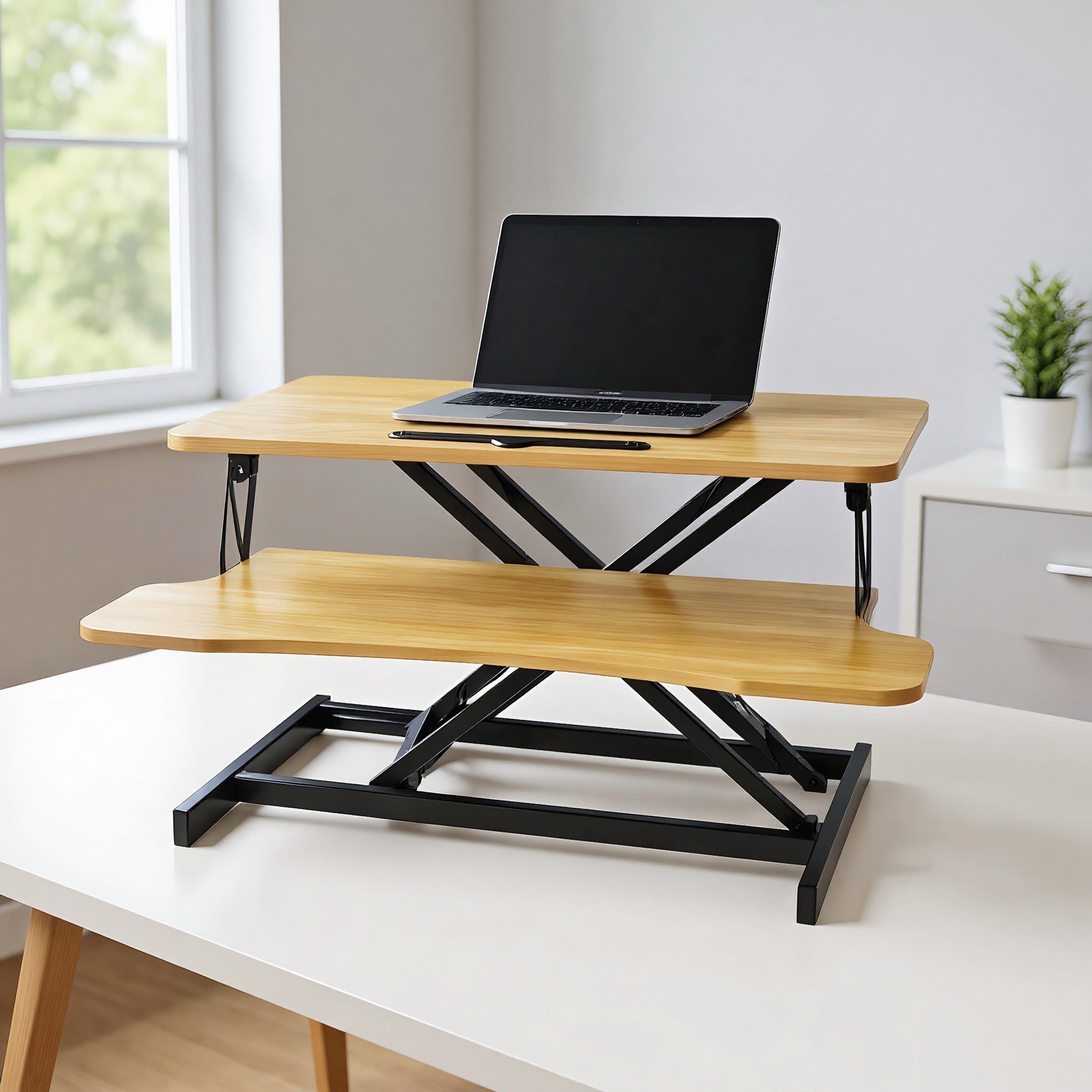 32 Inch Desk Converter, Height Adjustable Sit to Stand Riser, Dual Monitor and Laptop Workstation with Wide Keyboard Tray, Walnut Color