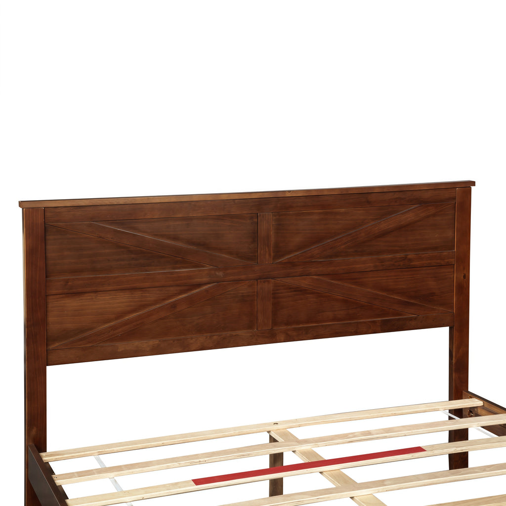 Farmhouse Style Queen Size Bed with Barn Door Designed Headboard and Footboard, Pinewood Bed with Strengthened Bed Frame ,White