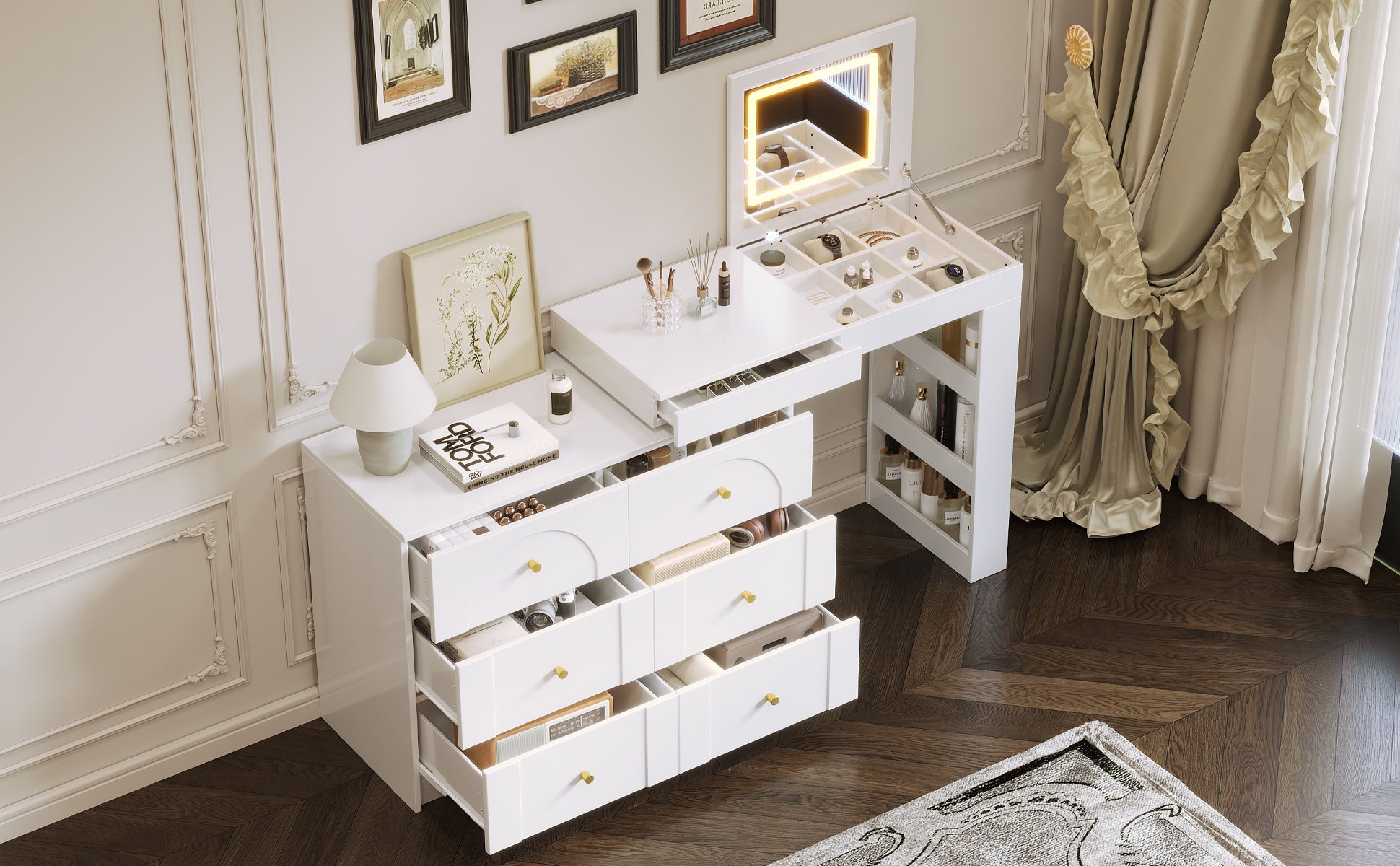 Vanity Desk with Mirror and Lights, Makeup Vanity Table with Flip-Top Tabletop and Storage 7 Drawers, 9 Compartments, 3 Shelves, 3 Color Modes Adjustable Makeup Table for Bedroom, Walnut (N733P279096)