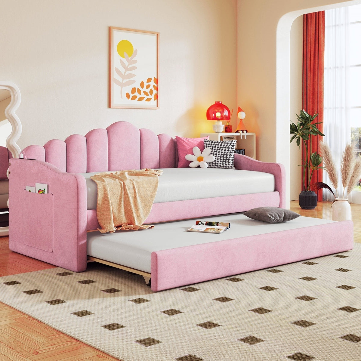 Twin size Upholstered Daybed with Trundle ,Velvet Sofabed with USB Charging Ports,No Box-spring Needed,Beige( Old SKU:HL000067AAA)