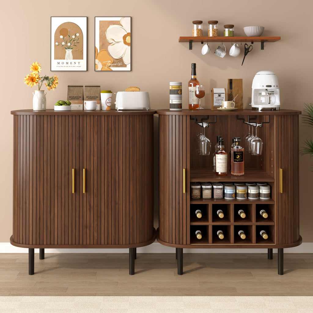 28' Fluted Wine Bar Cabinet with 8-Grid Wine Rack, 5-Level Adjustable Shelves, 2 Glass Holders, Smoothly Sliding Tambour Doors, 4 Hidden Storage Space on the Side, Modern Liquor Coffee Station, Black