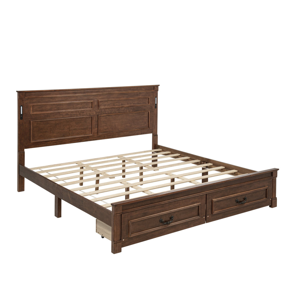 King Size Bed with Tall-Panel Headboard & Footboard, 2 Storage Drawers, Built-in LED Lights, USB Charging Station, Pinewood Bed with Strengthened Bed Frame ,White