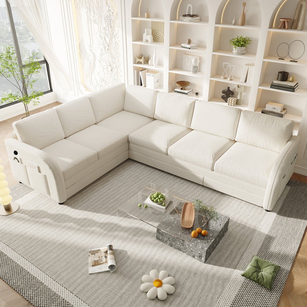 115.2' L-Shaped Sofa Couch with Pull-Out Bed,Oversize Convertible Sleeper Sofa with side Pocket & USB Port,Teddy Upholstered Sectional Couches with Convert Left/Right Facing, Light Grey