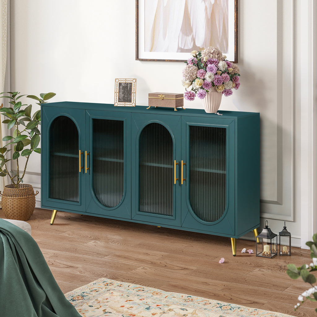 Navy blue TV stand frosted glass doors adjustable shelves — angle view