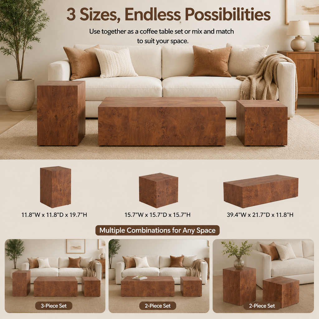 Premium Burl Walnut Veneer MDF Cube Table, Height Adjustable Multi-purpose Coffee Side End Table for Living Room, 11.8'×11.8'×19.7', No Extra Items Included