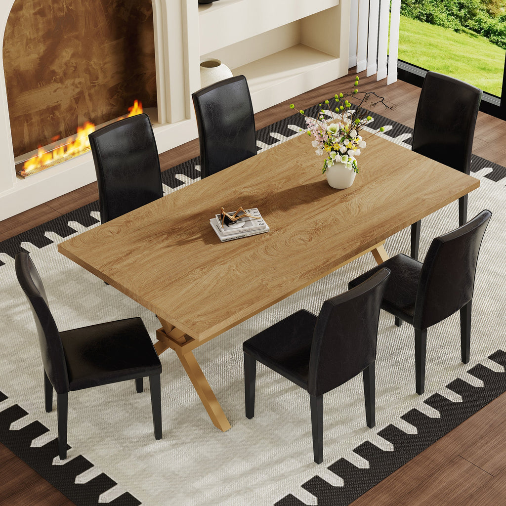 Table and chair set. 71 * 35.4 inch Wood grain MDF splicing desktop with X-shaped metal frame dining table.Includes 8 white PU dining chairs With Black Metal Legs.Making it an ideal choice for home.