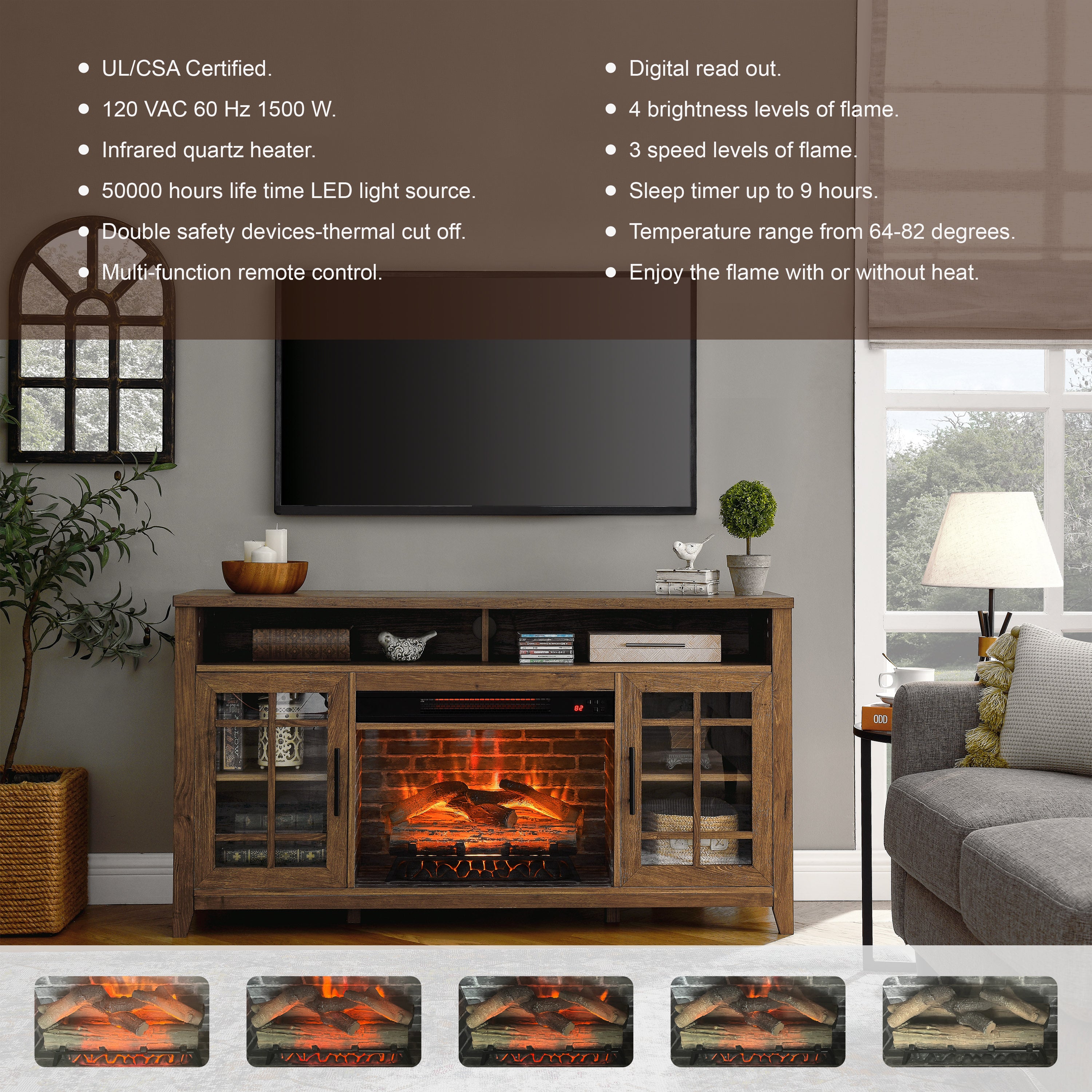 TV stand electric fireplace with tempered glass and steel accents