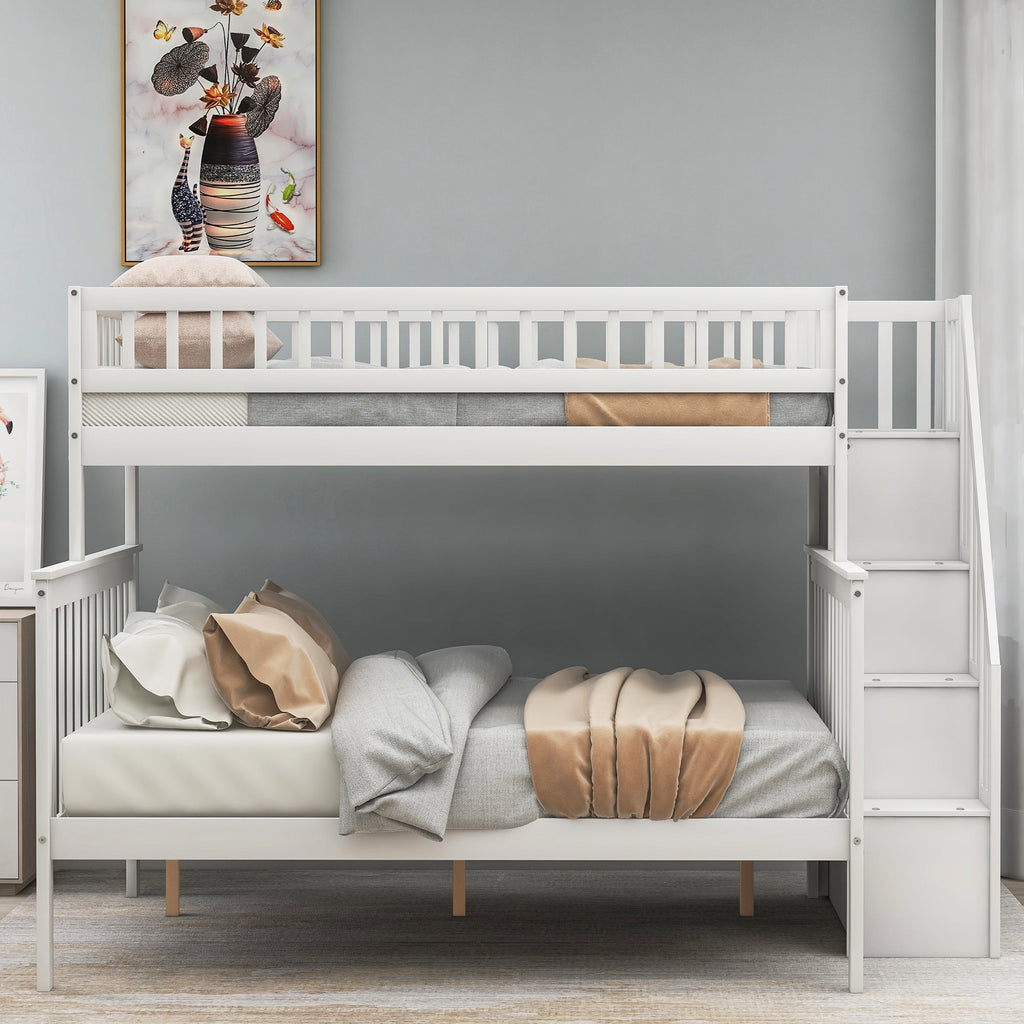 Twin over Full Stairway Bunk Bed with Side Shelves & Storage — Pine Wood