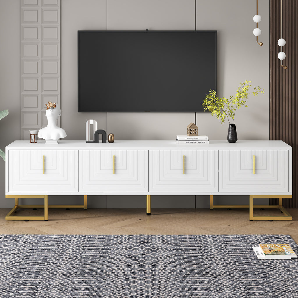 White media console with geometric door panels