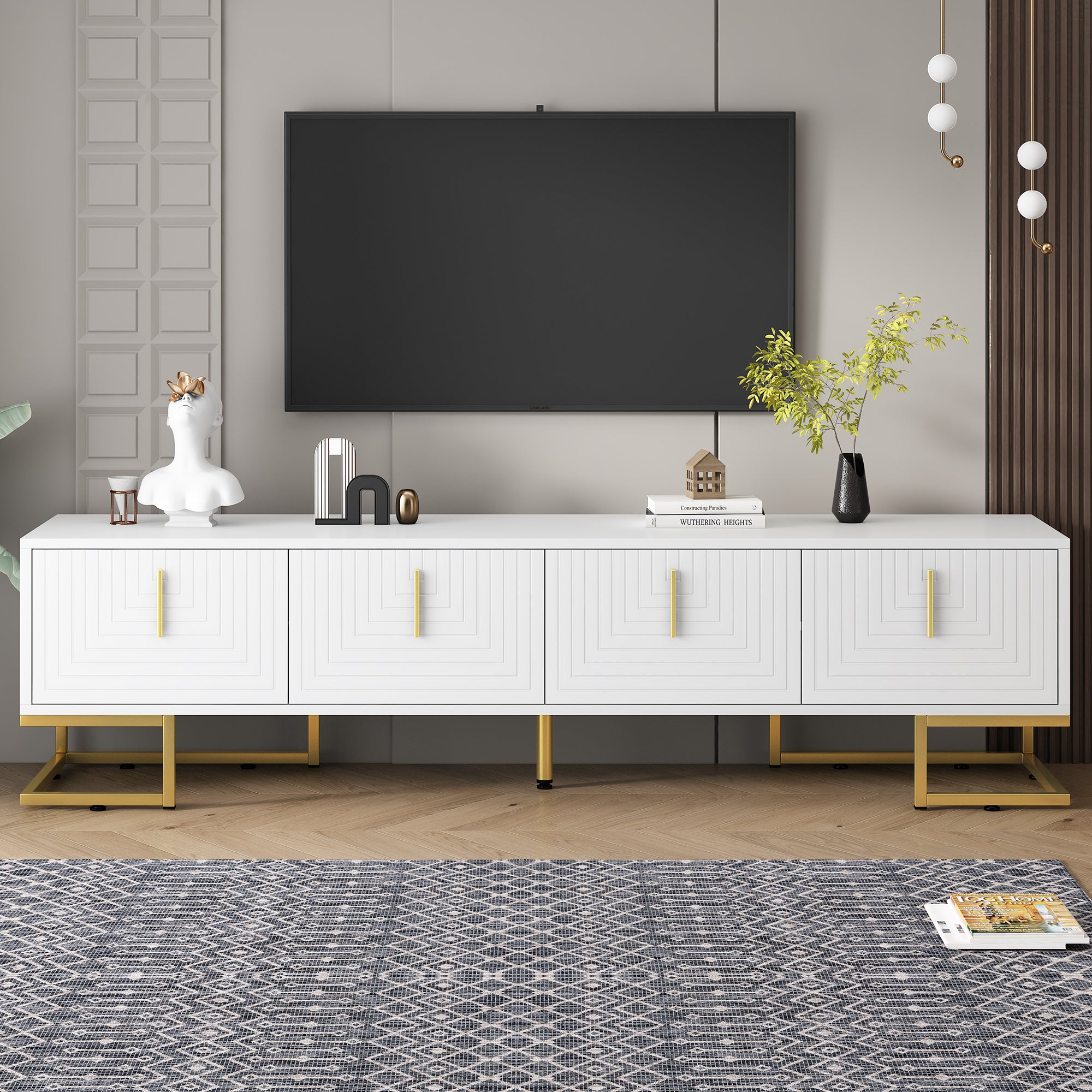 White media console with geometric door panels