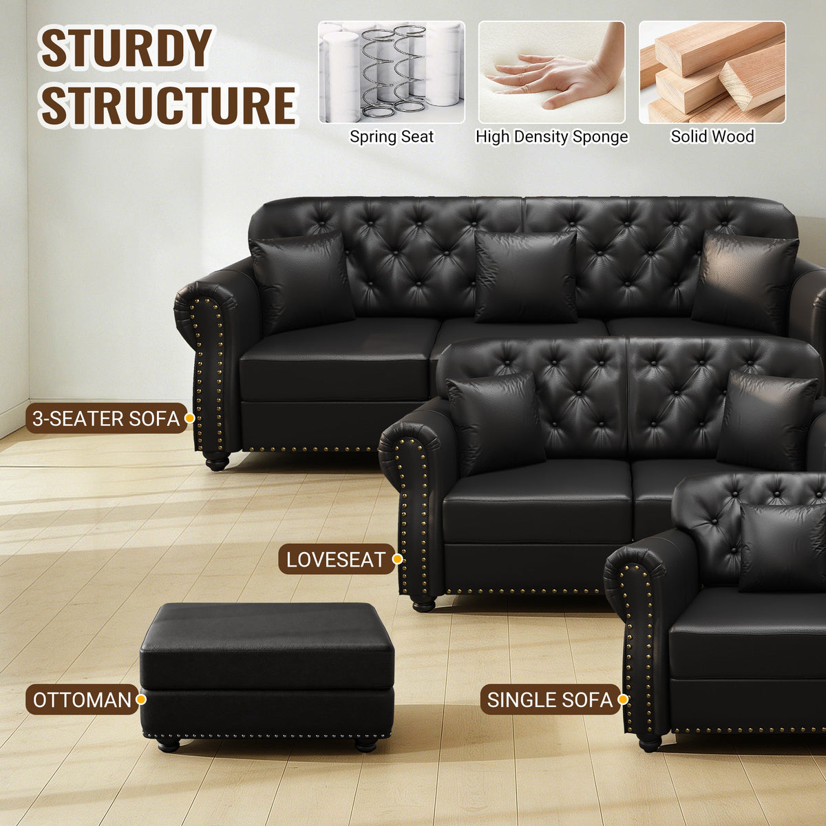 82.6'Upholstered Faux Leather Sofa with Nailhead Trim and Rolled Armrests,Mid-Century Modern Chesterfield Sofa with Button Tufted,Includes 3 Pillows,Black