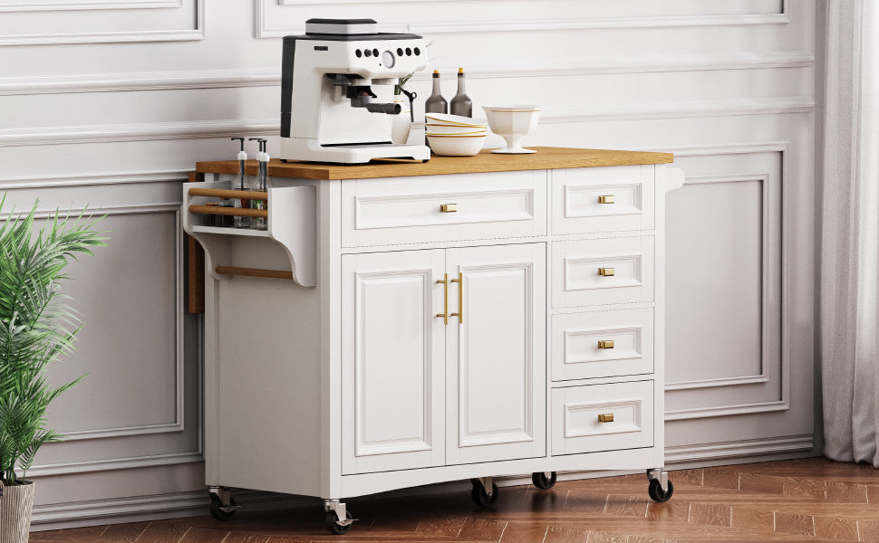 K&K 52'' Kitchen Island with Drop Leaf, Embossed Texture Kitchen Island on Wheels with Spice Rack, Towel Rack, 2 Doors and 5 Drawers, Kitchen Storage Cart with Adjustable Shelf for Kitchen, Blue Grey