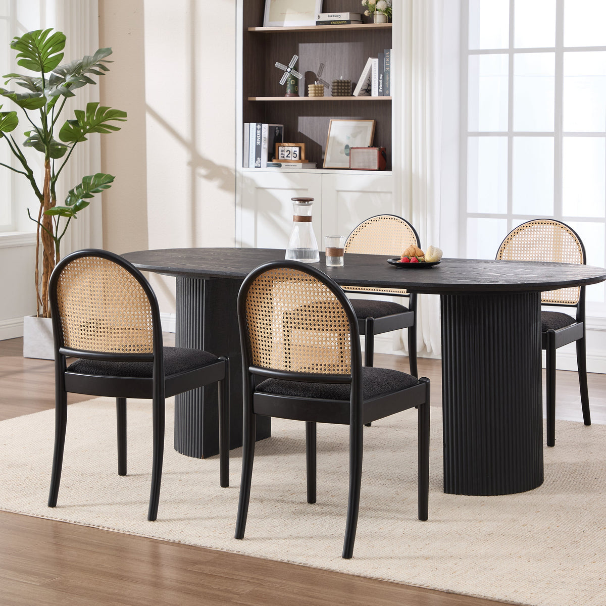 Rattan Dining Chairs Set of 2, Upholstered Linen Dining Room Chairs with Backrests, Modern Kitchen Chairs with Wood Legs for Dining Room, Beige