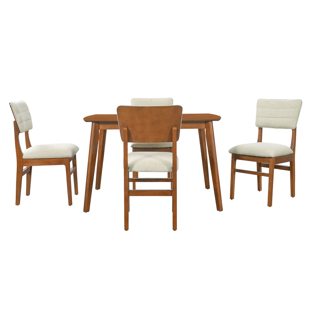 Farmhouse Dining Table Set for 4, Wood Kitchen Table & 4 Upholstered Chairs with Sturdy Rubber Wood Frame, Padded Seat, Curved Backrest, Space-Saving Dinette Set for Dining Room, Brown+Gray