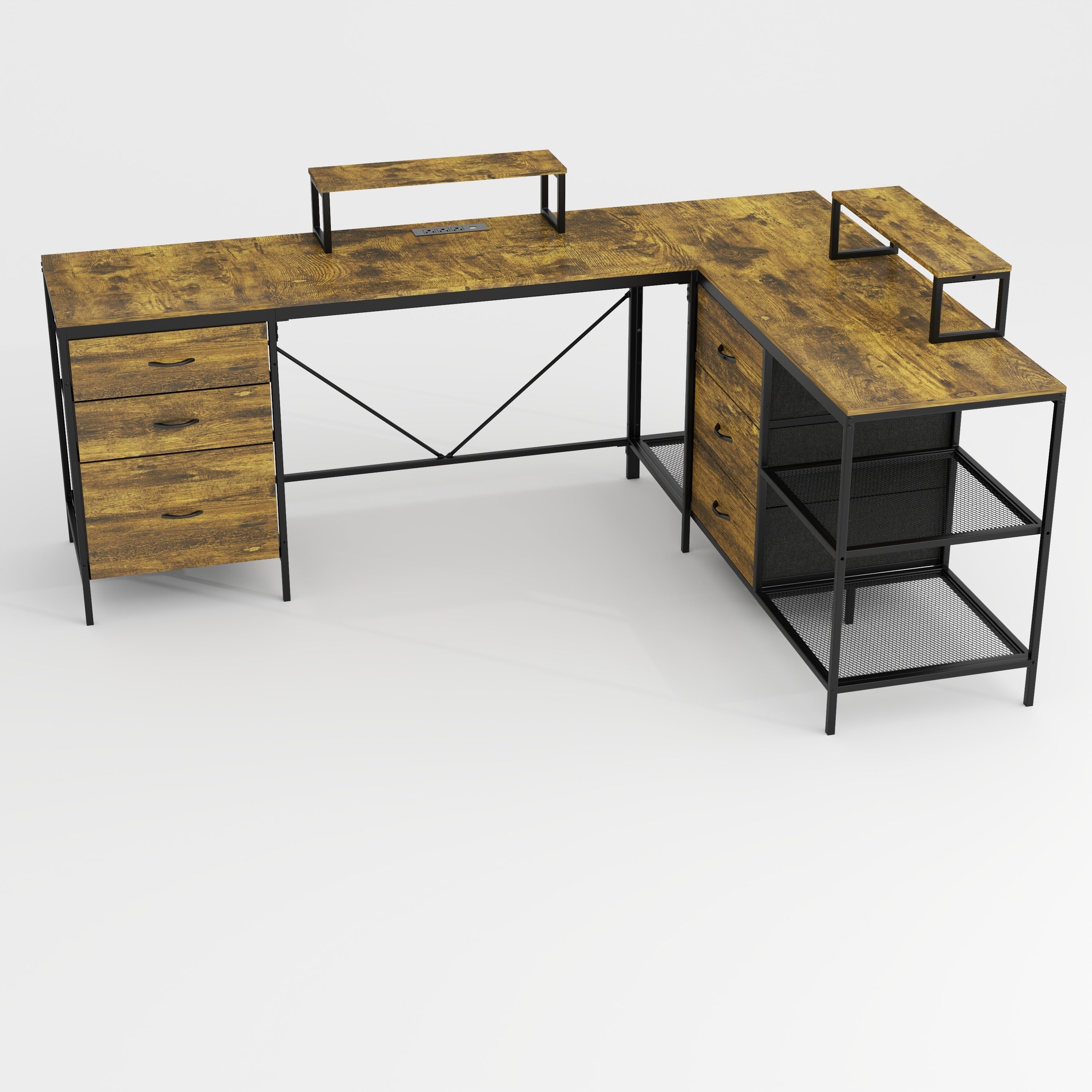 Rustic brown industrial L-shaped computer desk with power outlets — front view