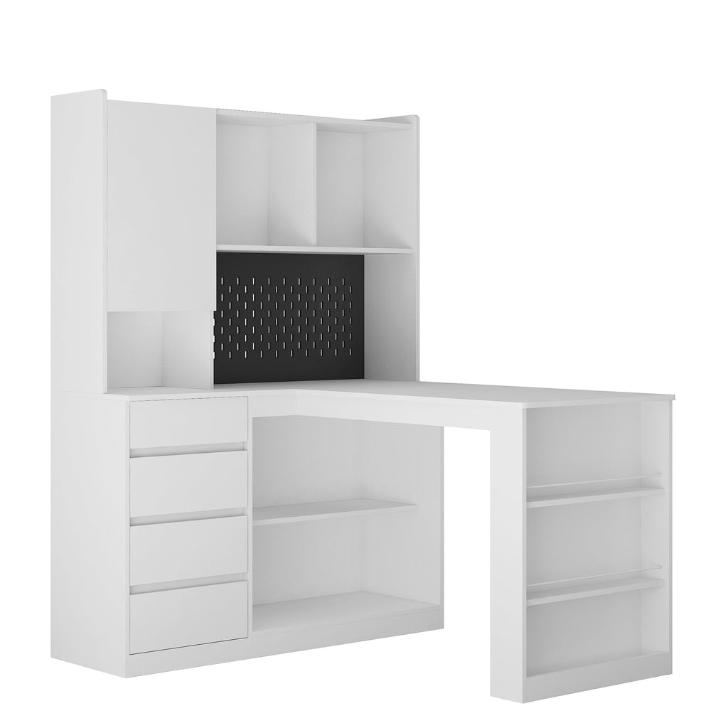 L-Shaped Desk with Bookshelf, Charging Station, Drawers & LED Light