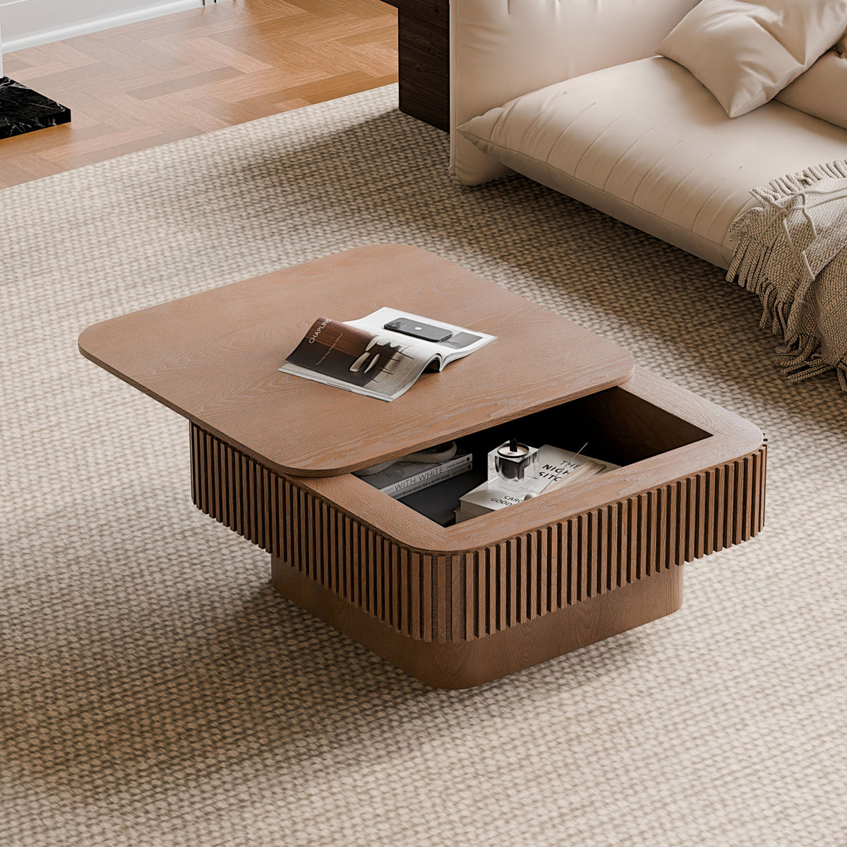 31.5'' Square Coffee Table with Storage Solid Wood Veneered Modern Coffee Table Accent Tea Table for Living Room, Bedroom, Apartment or Office, Natural Wood