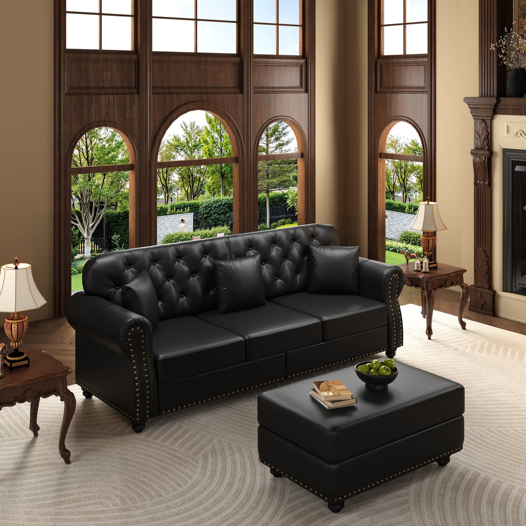 82.6'Upholstered Faux Leather Sofa with Nailhead Trim and Rolled Armrests,Mid-Century Modern Chesterfield Sofa with Button Tufted,Includes 3 Pillows,Black