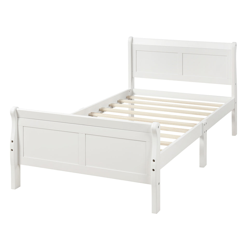 White twin sleigh platform bed with headboard and footboard — front view