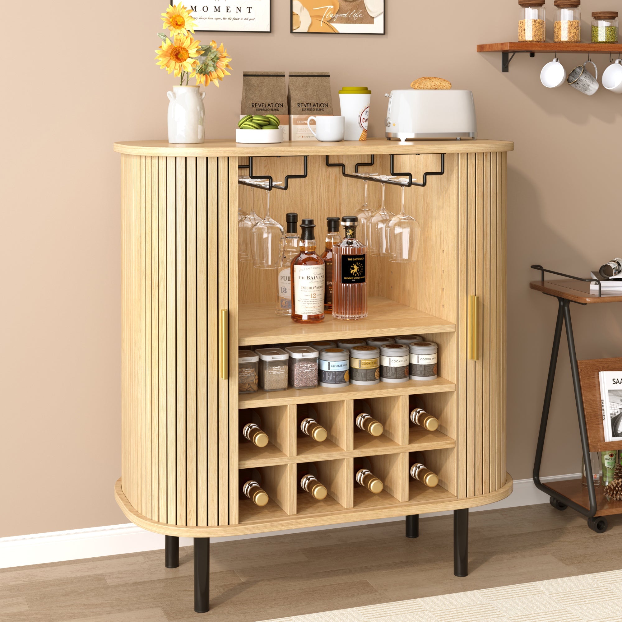 28' Fluted Wine Bar Cabinet with 8-Grid Wine Rack, 5-Level Adjustable Shelves, 2 Glass Holders, Smoothly Sliding Tambour Doors, 4 Hidden Storage Space on the Side, Modern Liquor Coffee Station, Black