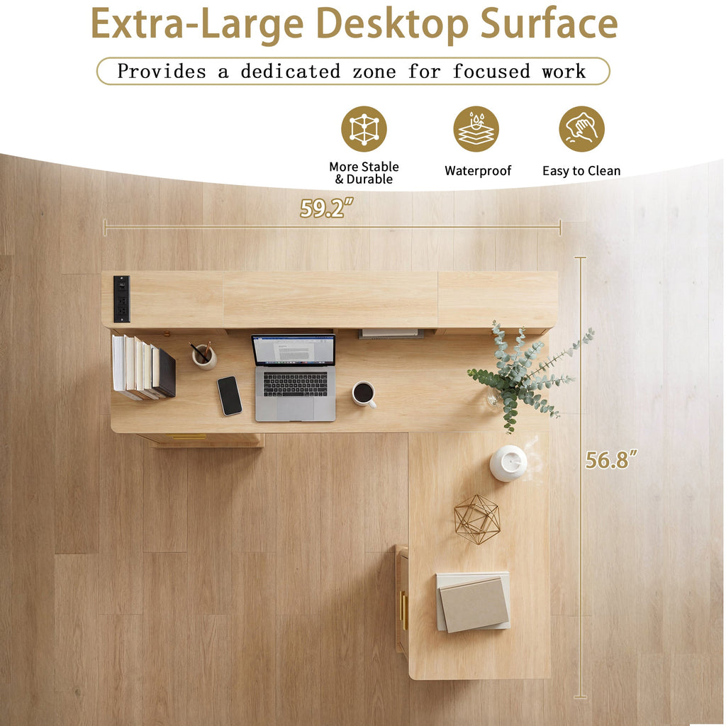 Fluted L-Shaped Desk with Charging Station, Monitor Stand & File Drawer — 59-Inch