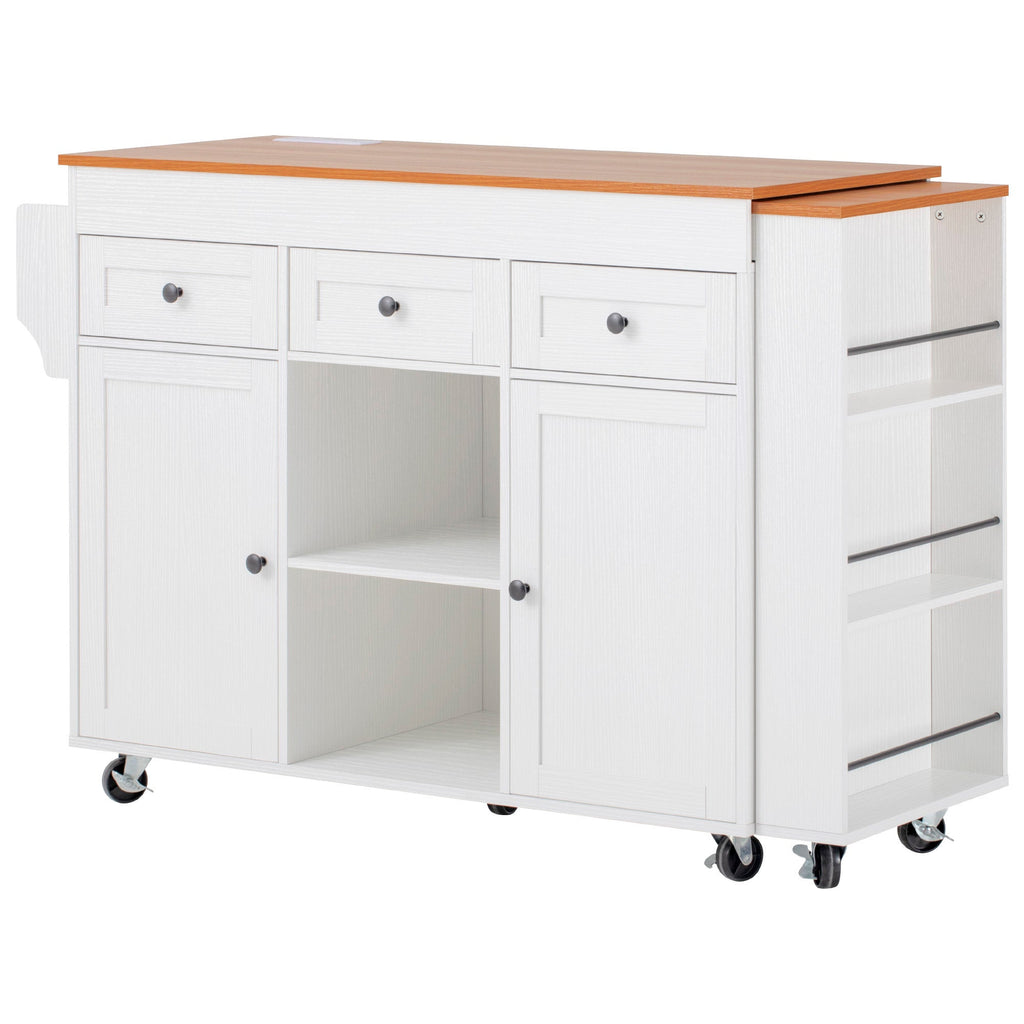 K&K 85.5' Kitchen Island with Extendable Dining Table, Kitchen Storage Table with 3 Side Open Shelves, Rolling Kitchen Island with Power Outlet, 3 Drawers, 2 Doors, for Kitchen, Dining Room, Black