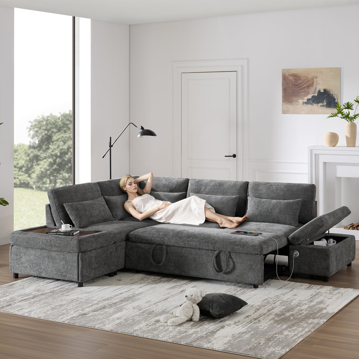 [VIDEO]107'' Sectional Sleeper Sofa Bed with Pull Out Couch, L-shaped with Adjustable Armrest, USB&Type-C Charging, Free Movement Storage Ottoman, Free Combination for Living Room&Apartment, Chenille