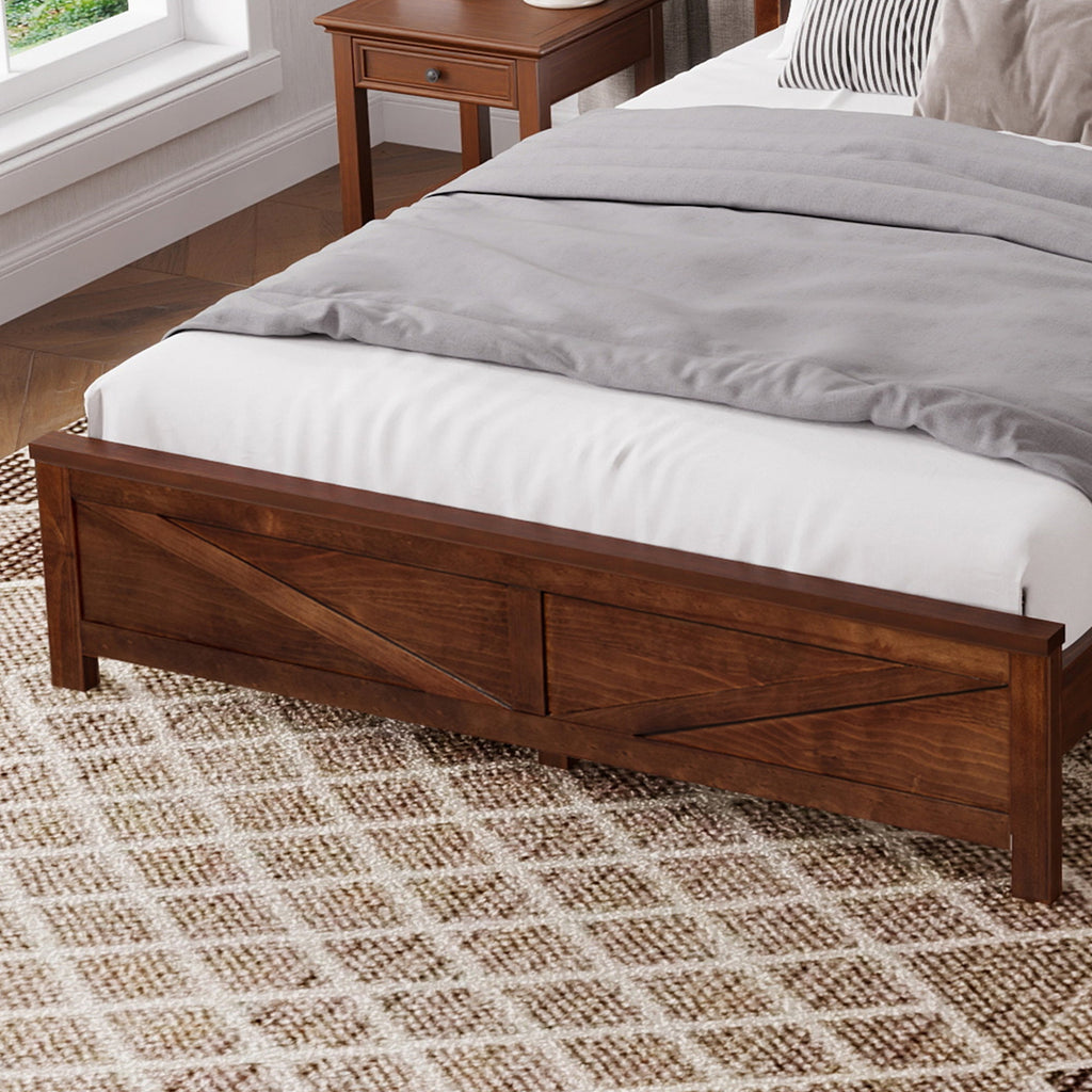Farmhouse Style Queen Size Bed with Barn Door Designed Headboard and Footboard, Pinewood Bed with Strengthened Bed Frame ,White