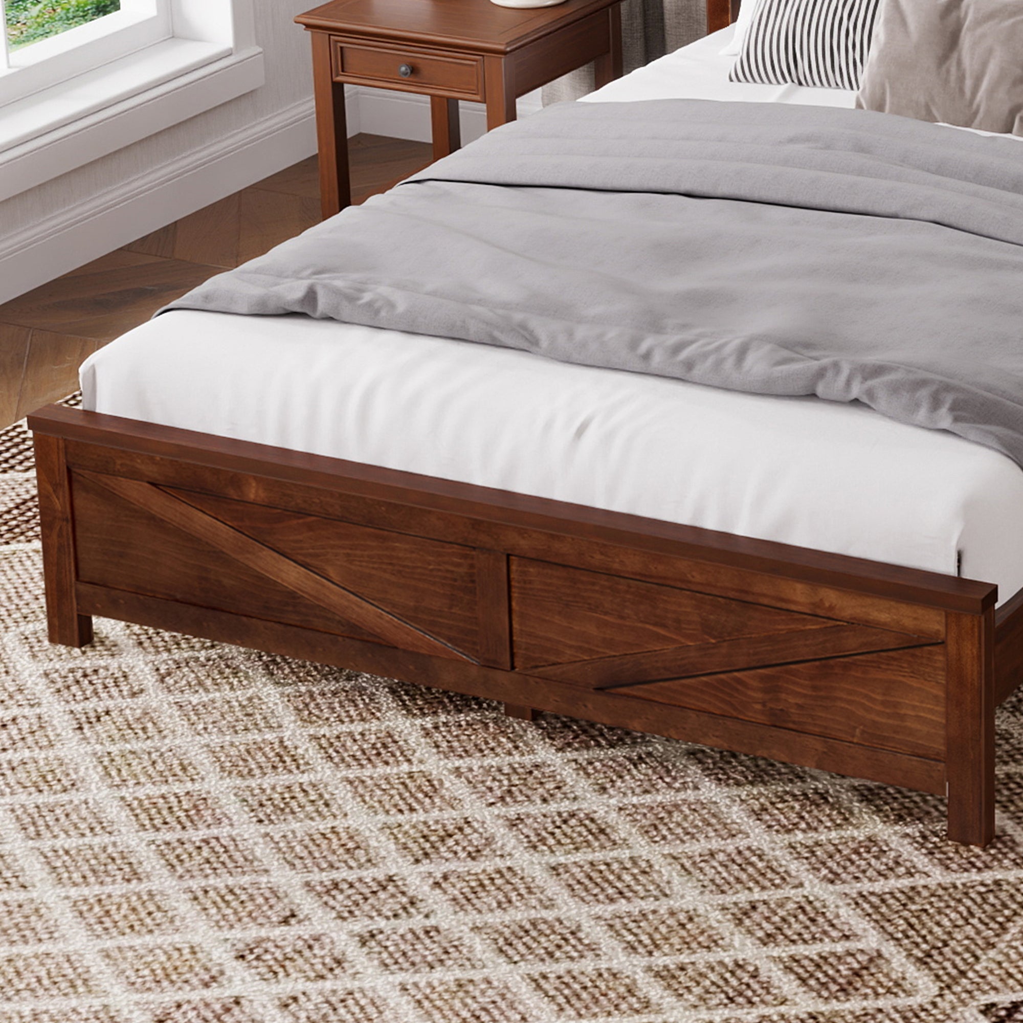 Farmhouse Style Queen Size Bed with Barn Door Designed Headboard and Footboard, Pinewood Bed with Strengthened Bed Frame ,White