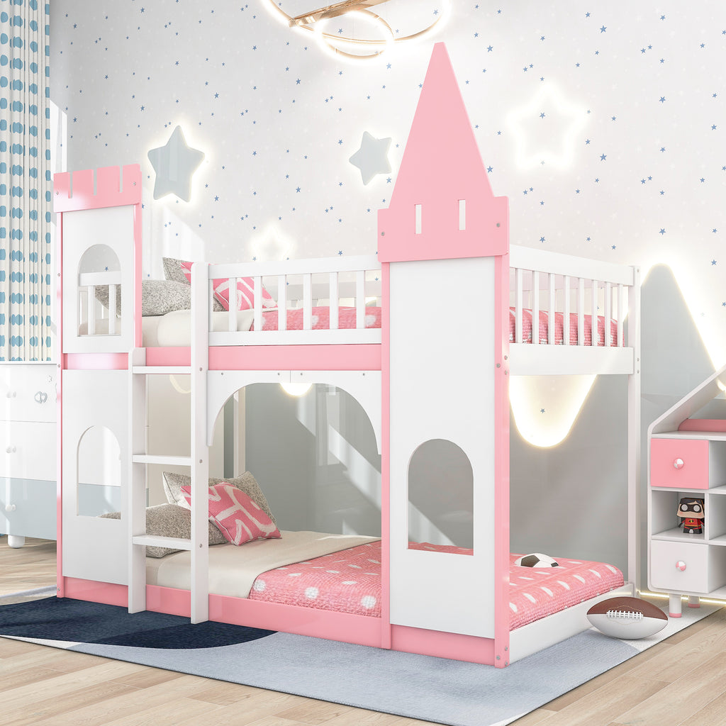 Castle bunk bed in pink with door and window cutouts — angle view