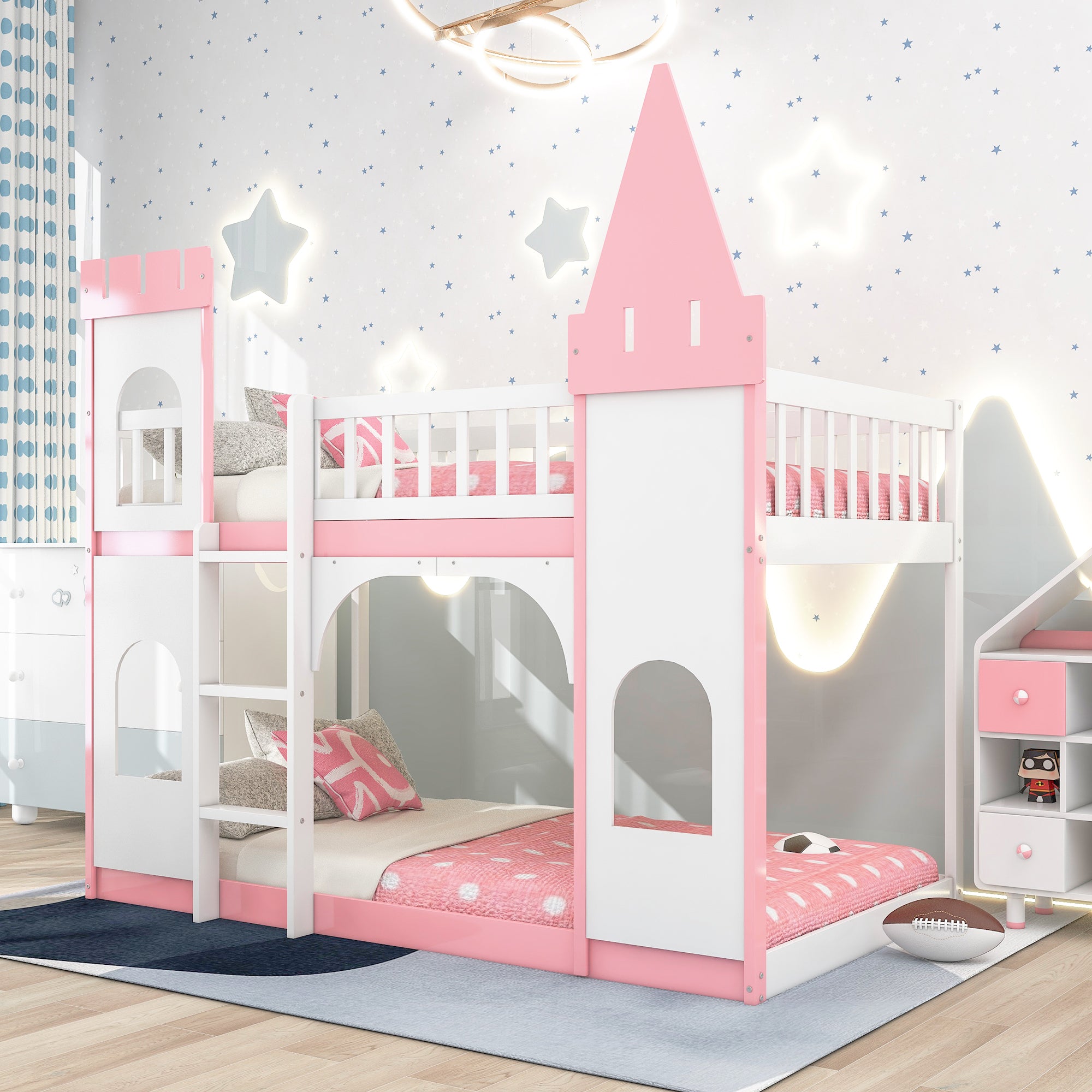 Castle bunk bed in pink with door and window cutouts — angle view