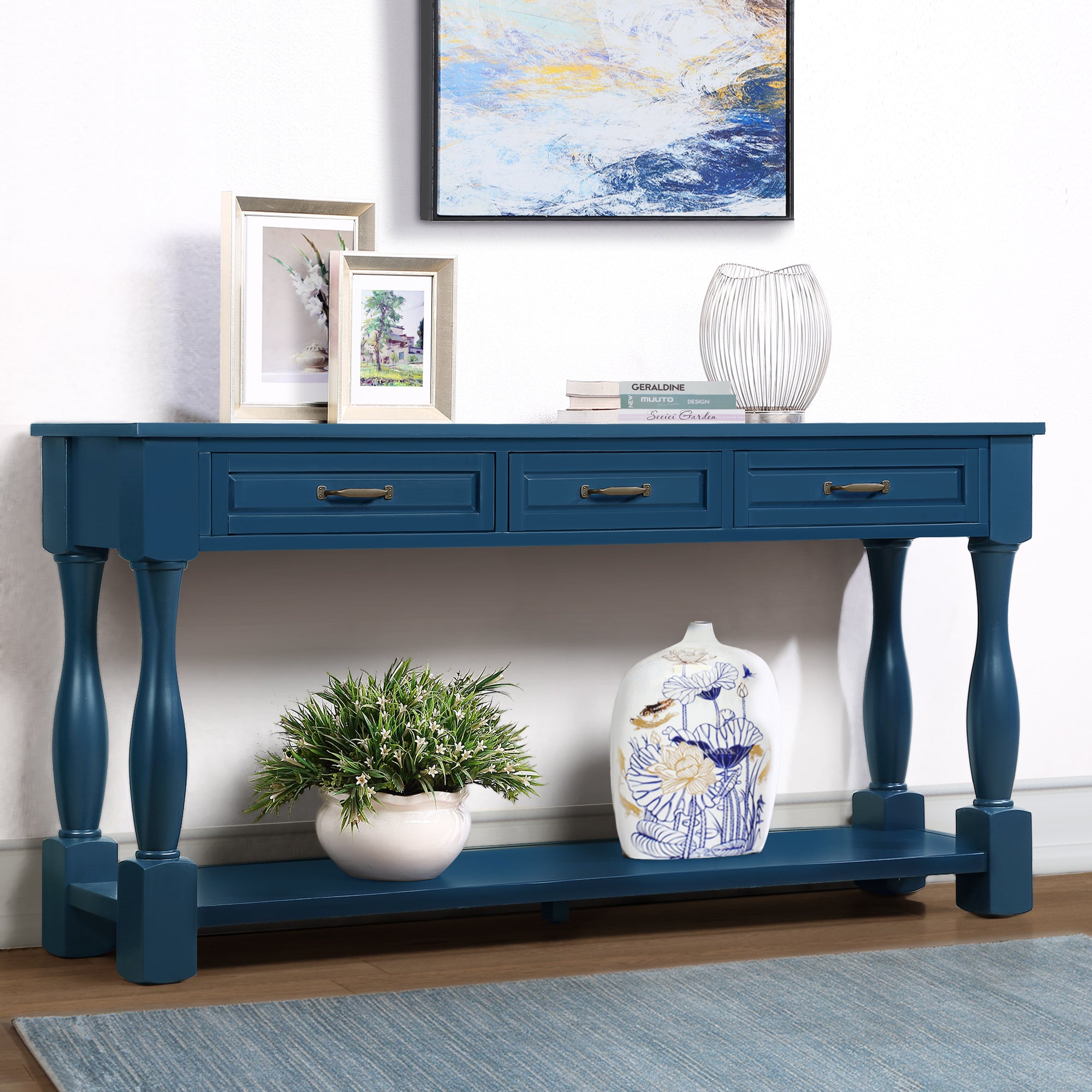 63-inch pine console table in entryway or hallway setting