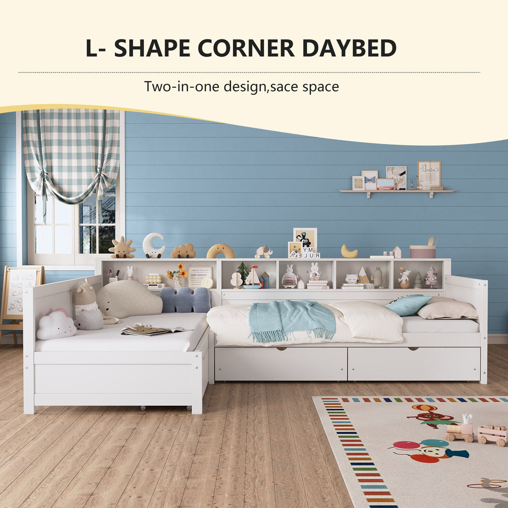 Twin Size Day Bed for 2, L- Shape Twin Size Bed Frame with Storage 3 Drawers, Wooden Corner Bed with Bookshelf, Corner Bed Frame For Bedroom, Living Room,Grey