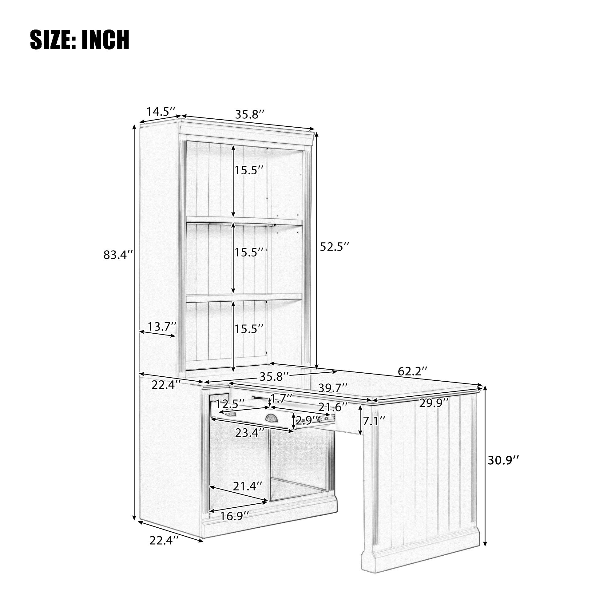 White bookshelf writing desk in home office setting