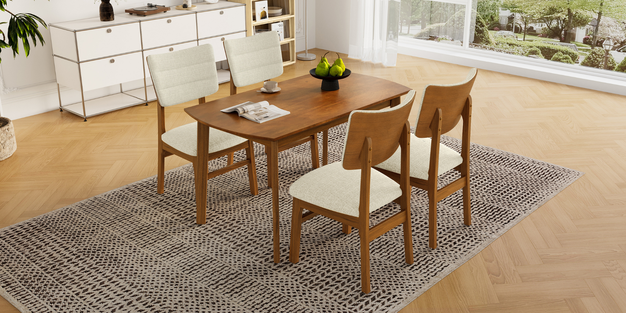 Farmhouse Dining Table Set for 4, Wood Kitchen Table & 4 Upholstered Chairs with Sturdy Rubber Wood Frame, Padded Seat, Curved Backrest, Space-Saving Dinette Set for Dining Room, Brown+Gray