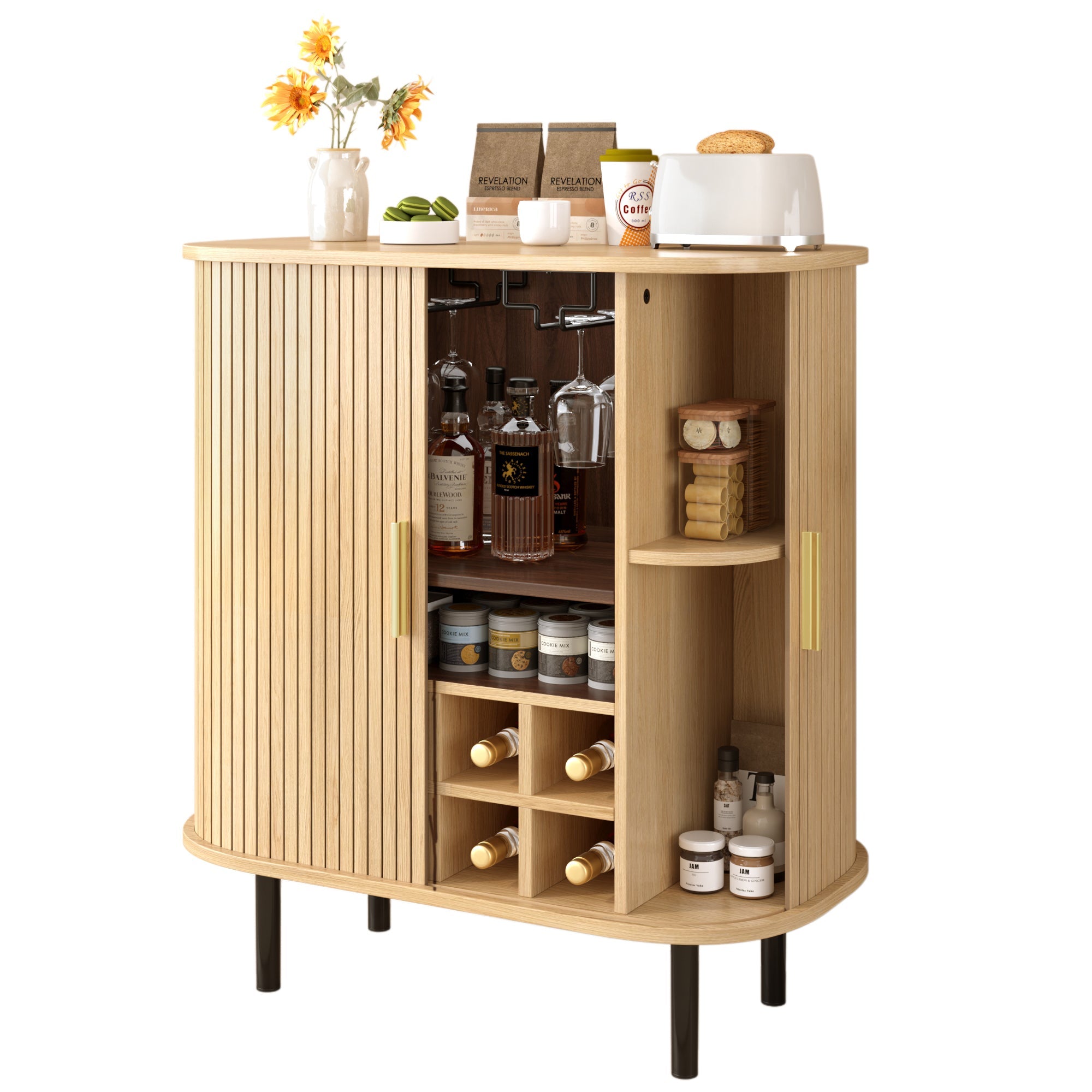28' Fluted Wine Bar Cabinet with 8-Grid Wine Rack, 5-Level Adjustable Shelves, 2 Glass Holders, Smoothly Sliding Tambour Doors, 4 Hidden Storage Space on the Side, Modern Liquor Coffee Station, Black