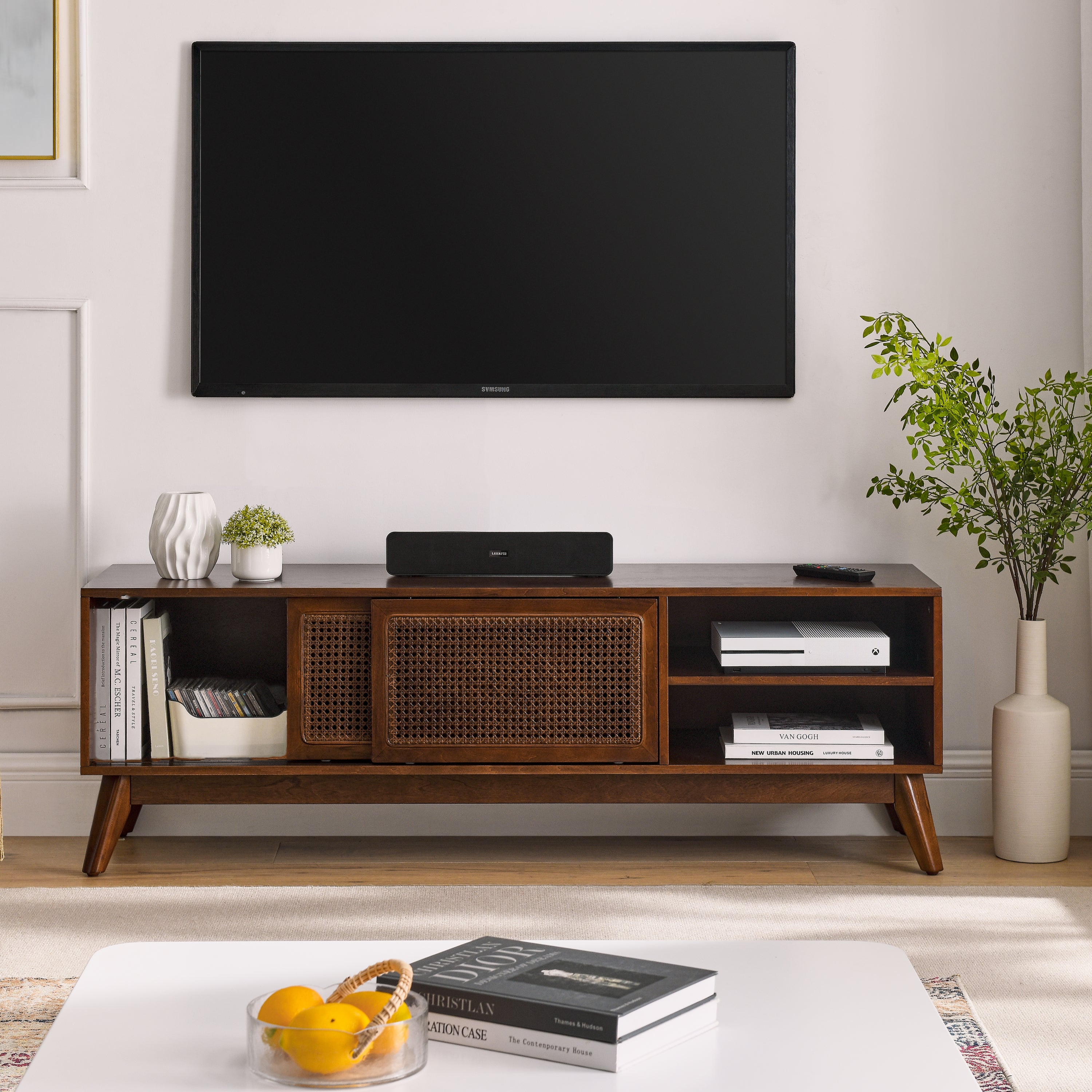 59-inch walnut TV stand with rattan cabinet doors