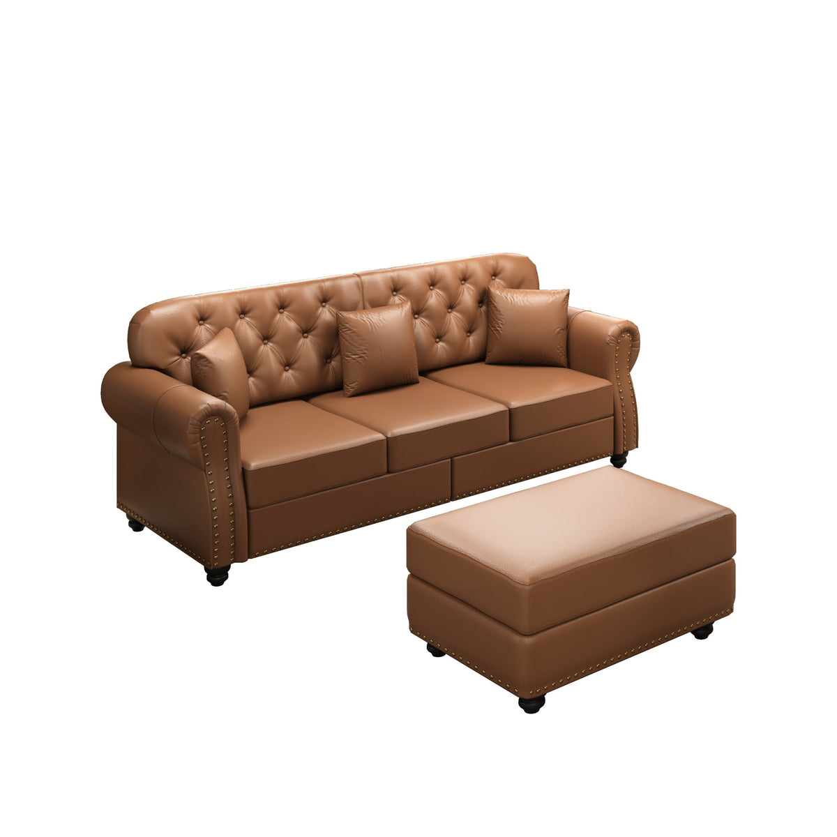 82.6'Upholstered Faux Leather Sofa with Nailhead Trim and Rolled Armrests,Mid-Century Modern Chesterfield Sofa with Button Tufted,Includes 3 Pillows,Black