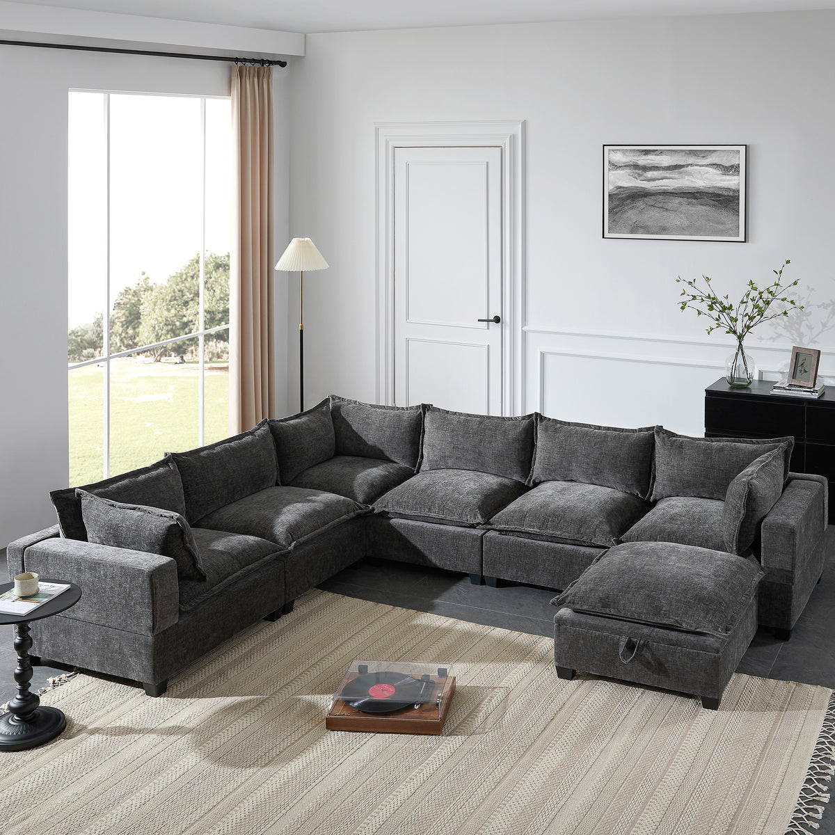 [VIDEO]117.5'' Modular Sectional Sofa with Movable Storage Ottoman, 7 Seat U Shaped Couch, Wide Seat & Free Combination, Oversized Chenille Sofa for Living Room & Apartment, 2 Colors