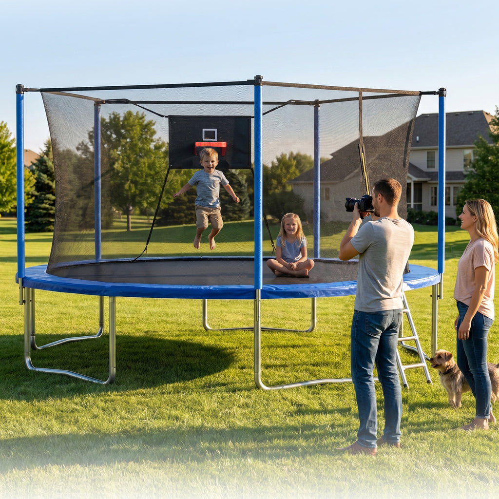 Blue 14-foot outdoor trampoline backyard product photo with ladder