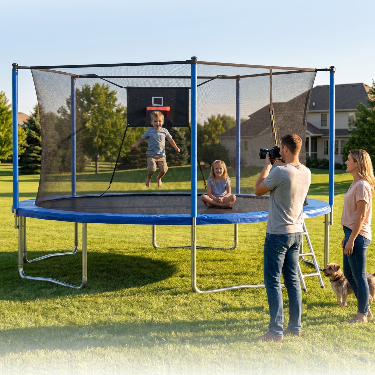 Blue 14-foot outdoor trampoline backyard product photo with ladder